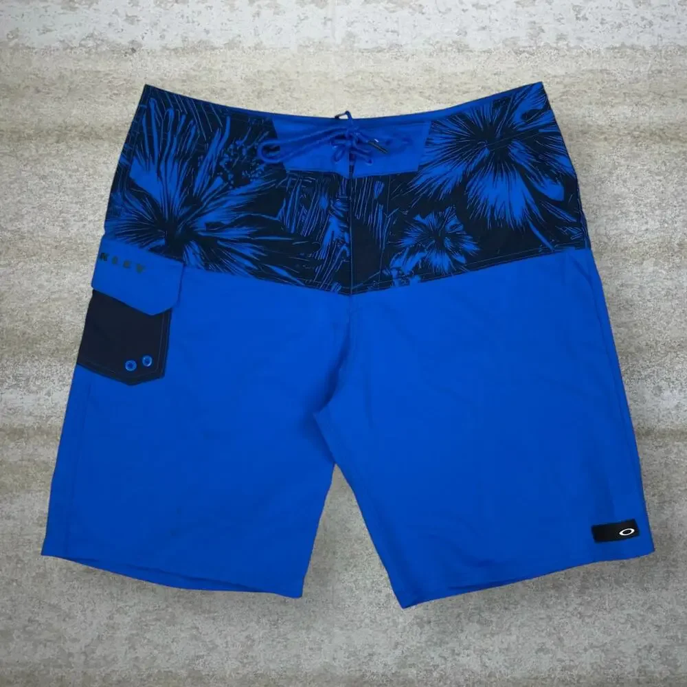 Vintage Y2K Oakley Swim Shorts 34x10 Royal Blue Black Floral 10